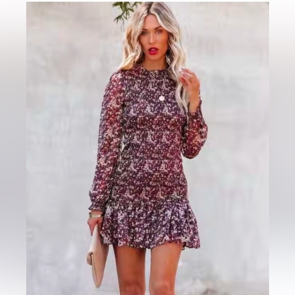 Dress Forum Smocked Ruffle Floral Mini Dress Long Sleeve Puff Sleeves Medium​​ - Picture 12 of 12